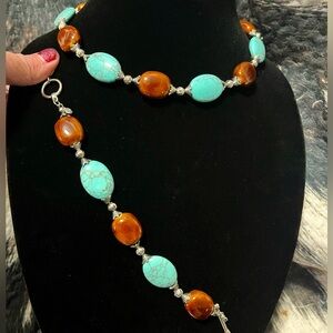 Premiere Designs Ceramic Turquoise & Brown Beaded Necklace & Bracelet Set- NWOT